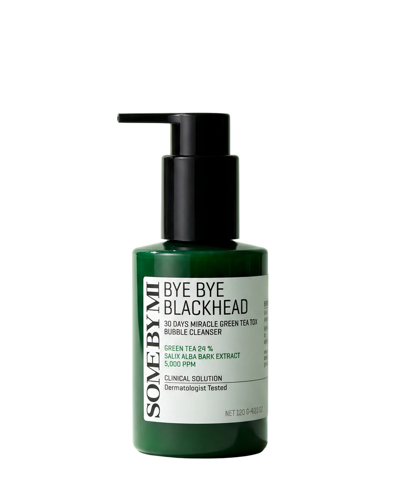 Some By Mi Green Tea Tox Bubble Cleanser 120g - dark green pump bottle, front label, green background