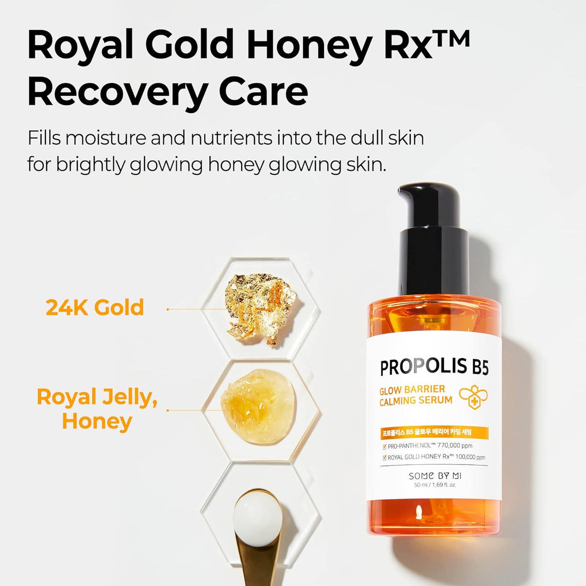Royal Gold Honey Rx recovery care: the bottle beside hexagons of 24K gold and royal jelly honey, filling moisture and nutrients into dull skin