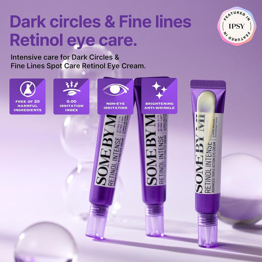 Dark circles and fine lines retinol eye care: three purple tubes with badges for free of 20, 0.00 irritation, non-eye irritation and brightening anti-wrinkle