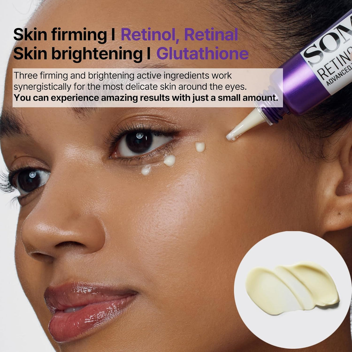 Skin firming with retinol and retinal, skin brightening with glutathione: a model with dots of cream under her eye