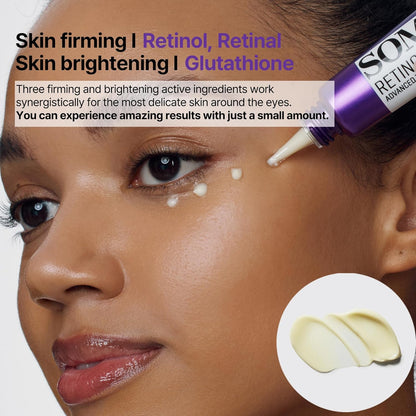Skin firming with retinol and retinal, skin brightening with glutathione: a model with dots of cream under her eye