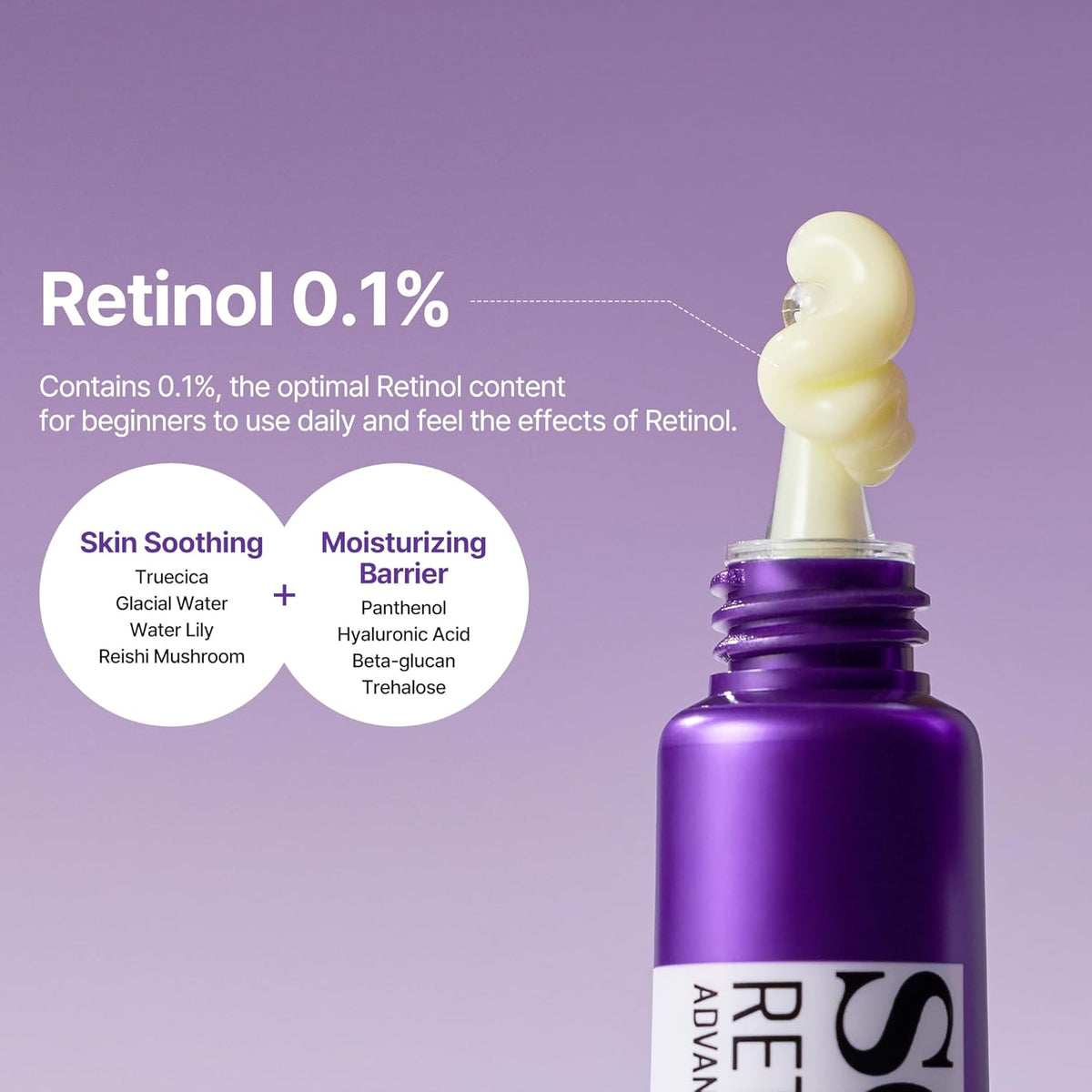 Retinol 0.1%: a curl of cream on the tube's tip, the optimal content for beginners, with Truecica for soothing and panthenol for the barrier