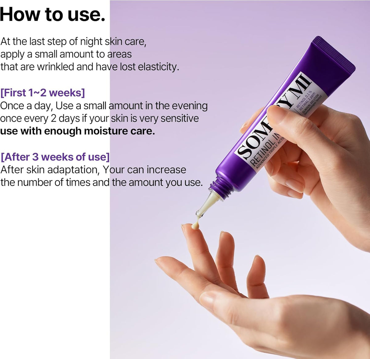 How to use beside a hand squeezing cream onto a fingertip: at the last step of night care on wrinkled areas, once a day for the first weeks, then increase