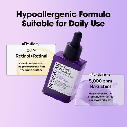 Hypoallergenic formula suitable for daily use: the bottle with 0.1% retinol plus retinal for elasticity and 5,000 ppm bakuchiol for radiance