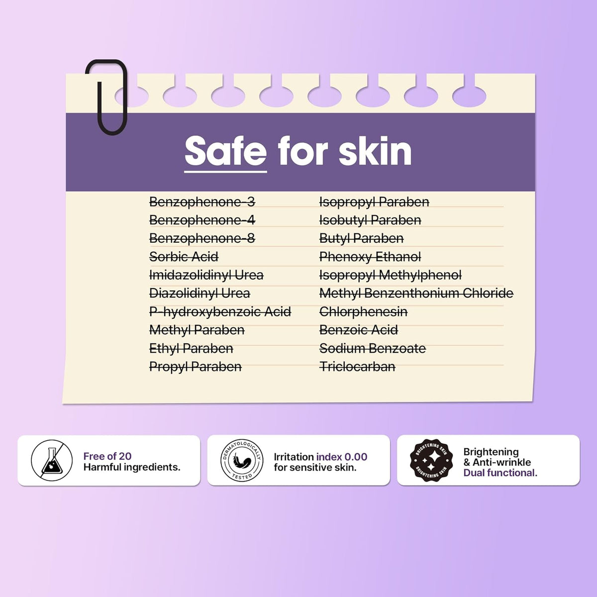 Safe for skin: a notepad listing excluded ingredients with a line through each, free of 20, 0.00 irritation index, brightening and anti-wrinkle dual functional