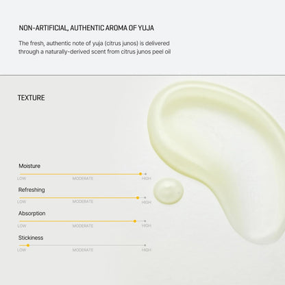 Non-artificial authentic aroma of yuja from citrus junos peel oil, with texture sliders for moisture, refreshing, absorption and stickiness