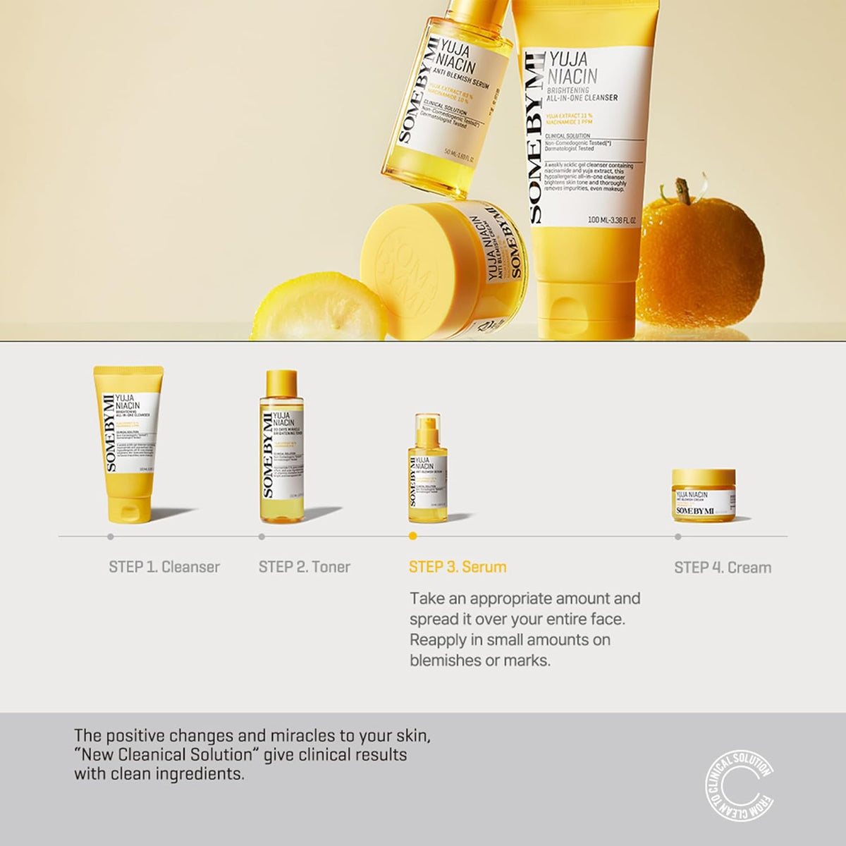 The four-step Yuja Niacin routine with a yuja fruit: cleanser, toner, serum and cream