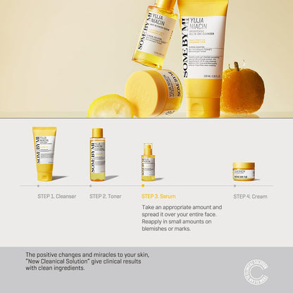 The four-step Yuja Niacin routine with a yuja fruit: cleanser, toner, serum and cream