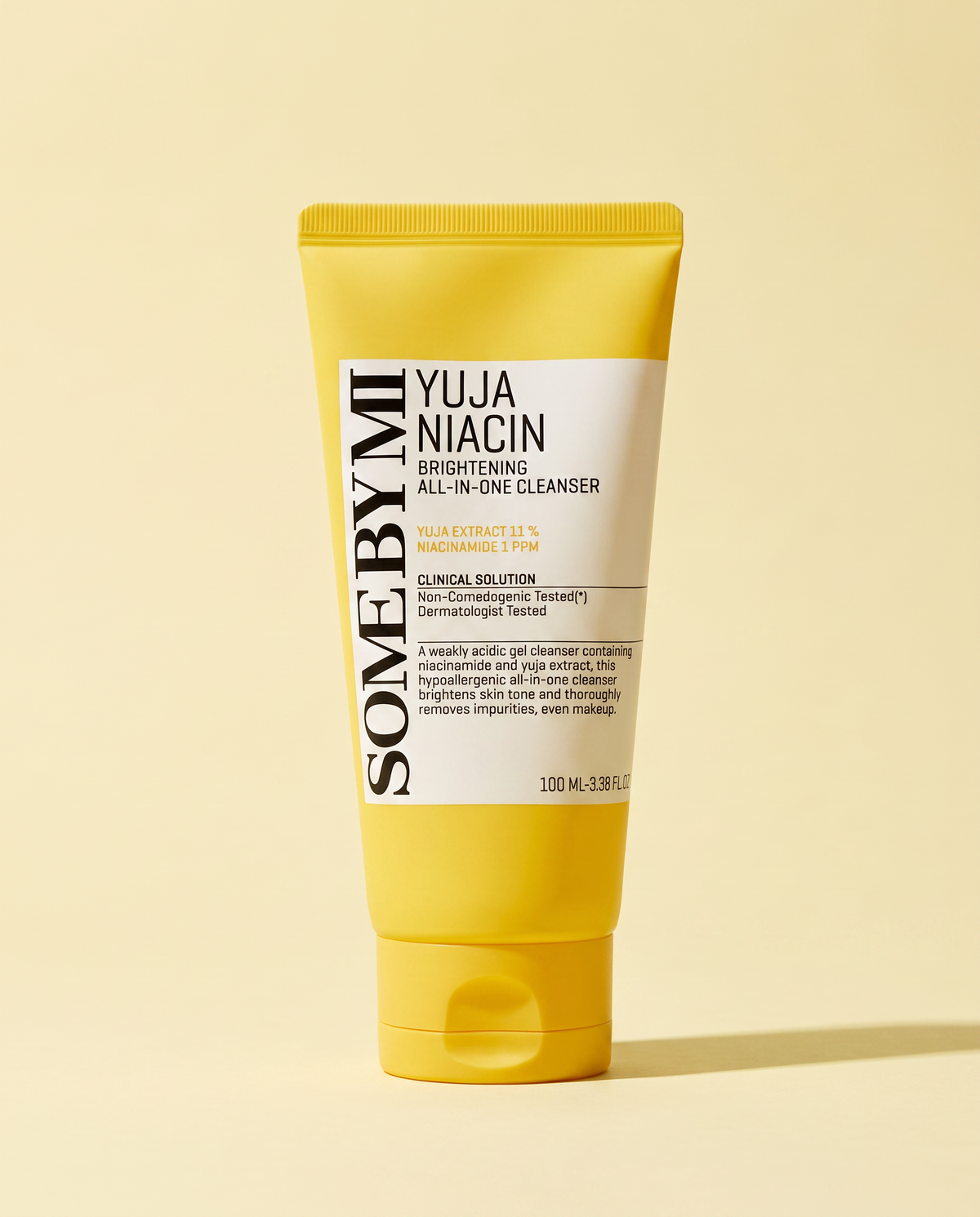 Some By Mi Yuja Niacin Brightening Cleanser 100ml - yellow cleanser tube, front label, yellow background