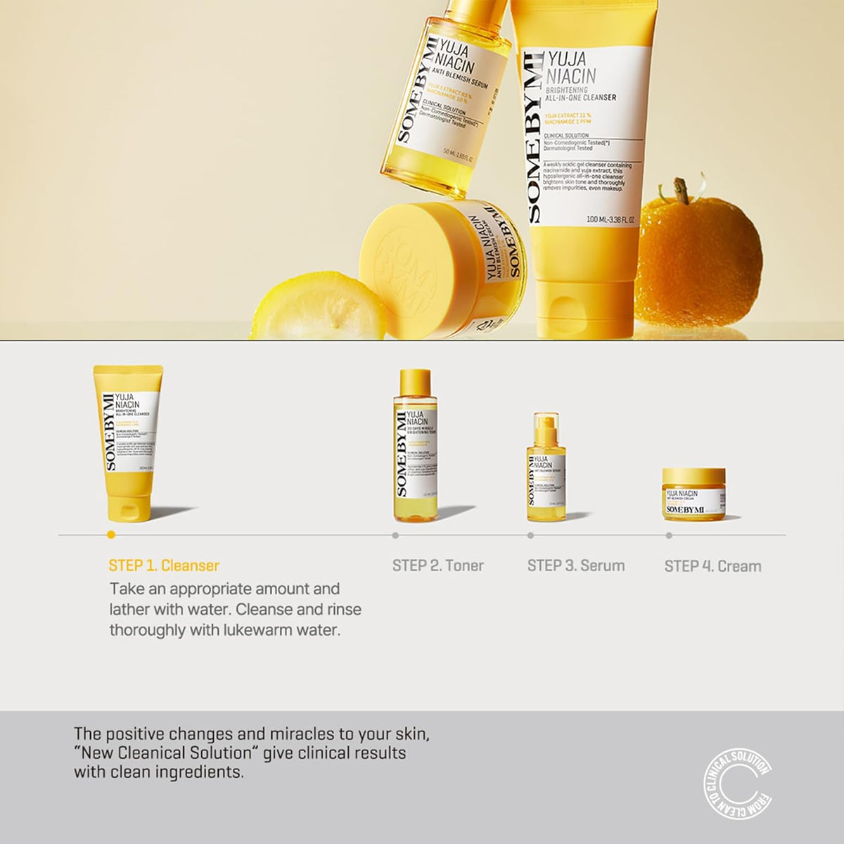 The four-step Yuja Niacin routine with a yuja fruit: cleanser, toner, serum and cream, with the cleanser lathered and rinsed with lukewarm water