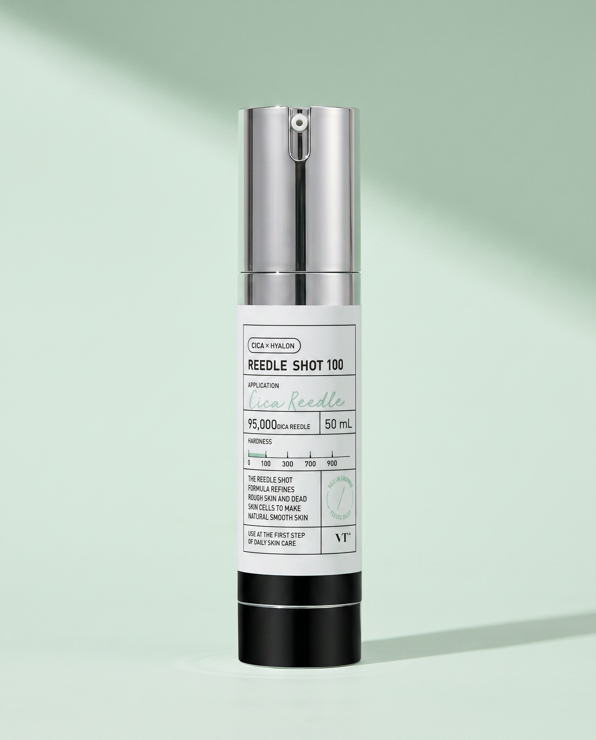 VT Cosmetics CICA Reedle Shot 100 50ml - silver and black airless pump bottle, white background