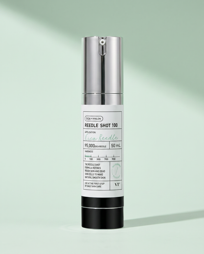 VT Cosmetics CICA Reedle Shot 100 50ml - silver and black airless pump bottle, white background