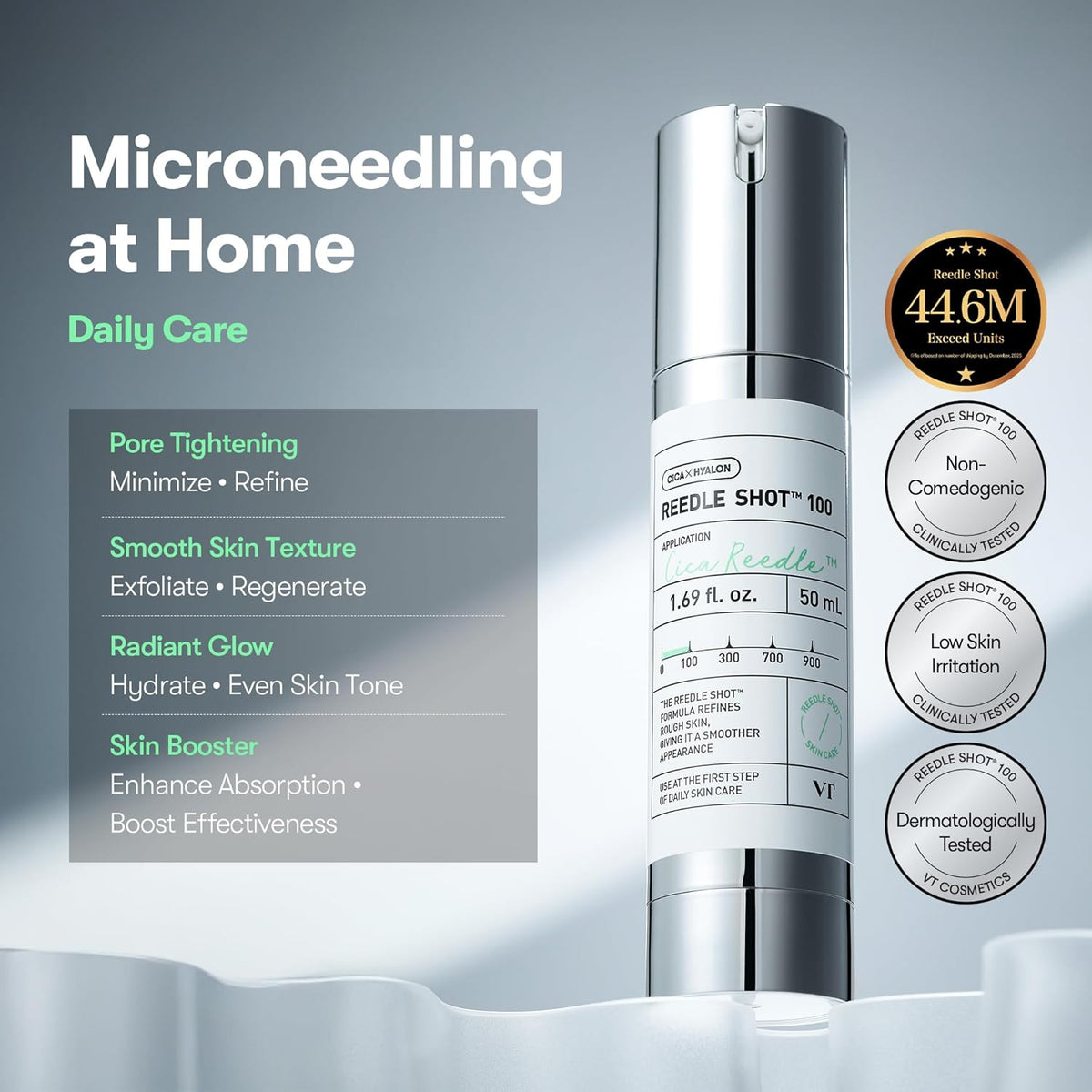 Microneedling at home, daily care: the bottle with pore tightening, smooth texture, radiant glow and skin booster; non-comedogenic, low irritation, dermatologist tested