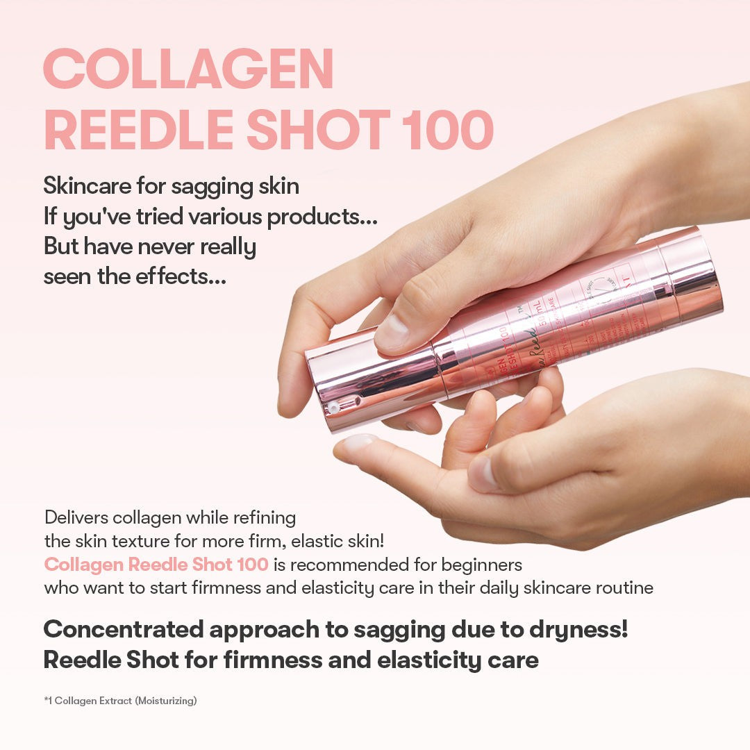 VT Cosmetics Collagen Reedle Shot 100 50ml held in hand: a beginner-friendly daily booster that delivers collagen while refining skin texture for firmer, more elastic-looking skin