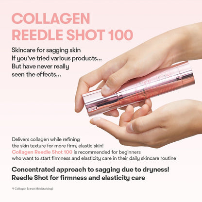 VT Cosmetics Collagen Reedle Shot 100 50ml held in hand: a beginner-friendly daily booster that delivers collagen while refining skin texture for firmer, more elastic-looking skin