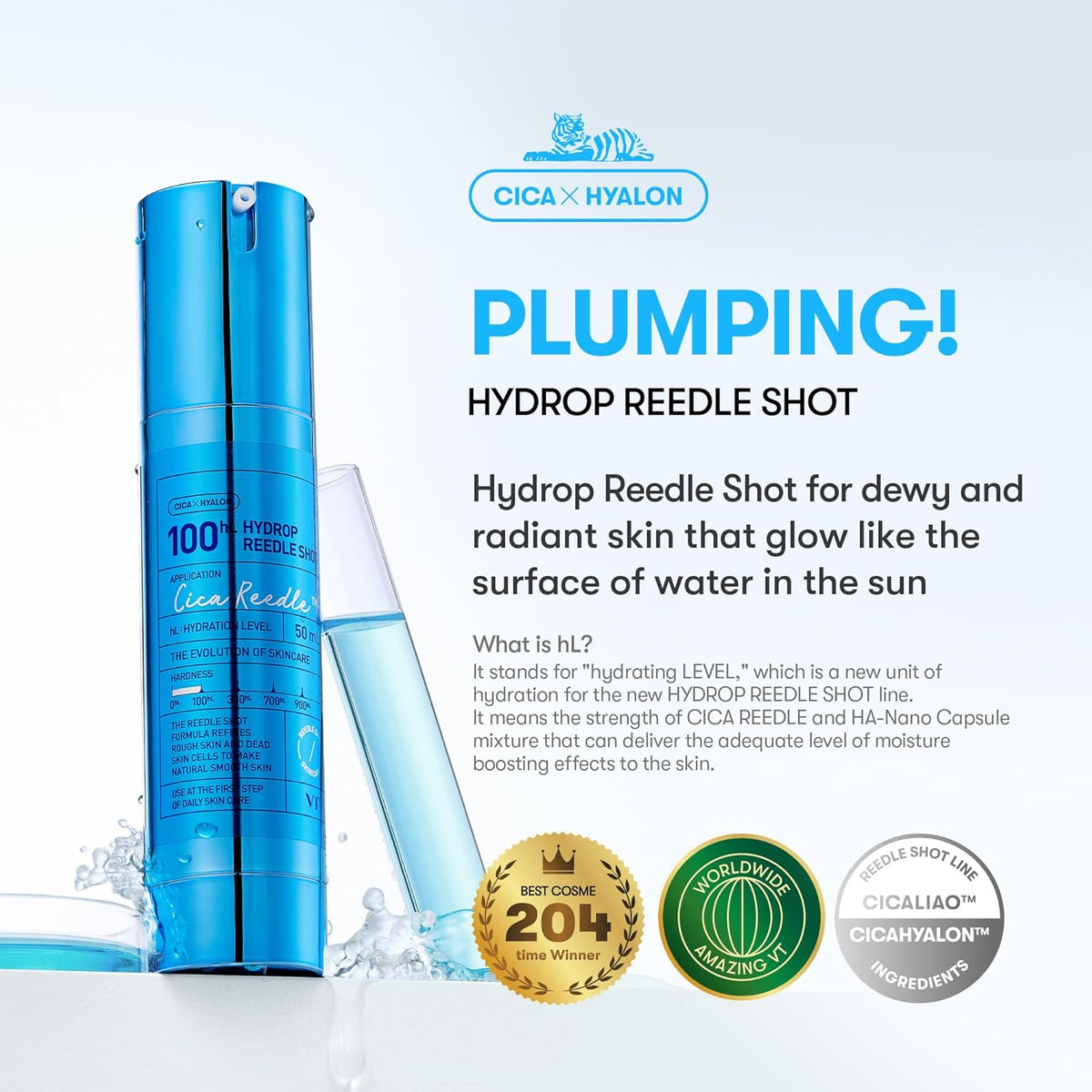 Plumping: the Hydrop Reedle Shot bottle in a splash, for dewy radiant skin that glows like water in the sun, with award badges