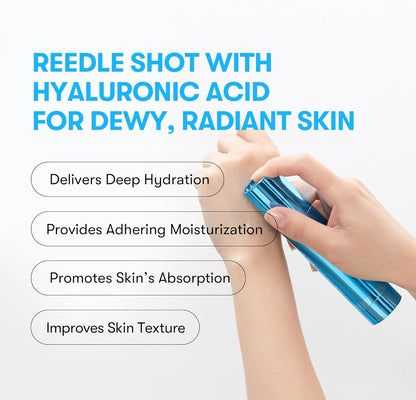 Reedle Shot with hyaluronic acid for dewy radiant skin: a hand holding the blue bottle over the other hand, delivers deep hydration and improves texture