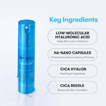 Key ingredients beside the blue bottle: low-molecular hyaluronic acid, HA-nano capsules, Cica Hyalon and Cica Reedle