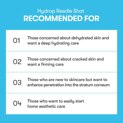 Hydrop Reedle Shot recommended for: dehydrated skin, cracked skin needing firming, newcomers wanting better penetration, and easy home aesthetic care