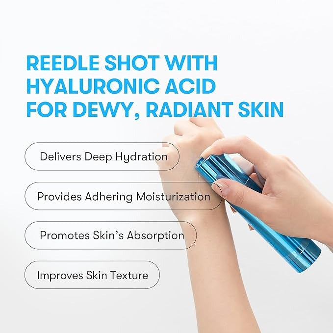 VT Cosmetics Hydrop Reedle Shot 300hL 50ml benefits with a hand applying the essence: delivers deep hydration, provides adhering moisturisation, promotes skin's absorption and improves skin texture