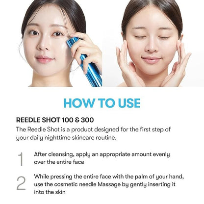 How to use VT Cosmetics Hydrop Reedle Shot 300hL 50ml: a model pressing the essence into her cheek after cleansing, as the first step of the nighttime routine