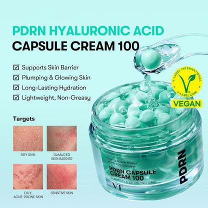 PDRN Hyaluronic Acid Capsule Cream 100: the open jar with a spoon of green capsule, supports the barrier, plumping, long-lasting hydration, lightweight, vegan