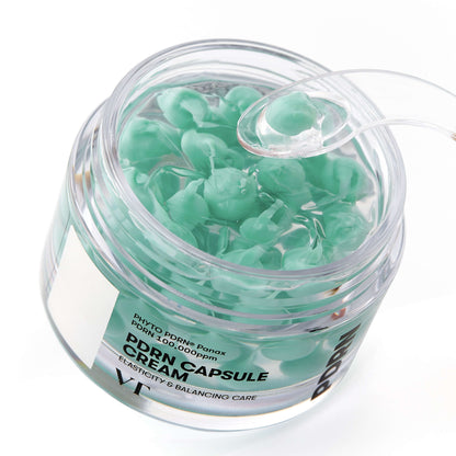 VT Cosmetics PDRN Capsule Cream 100 50ml - open jar of green capsules seen from above