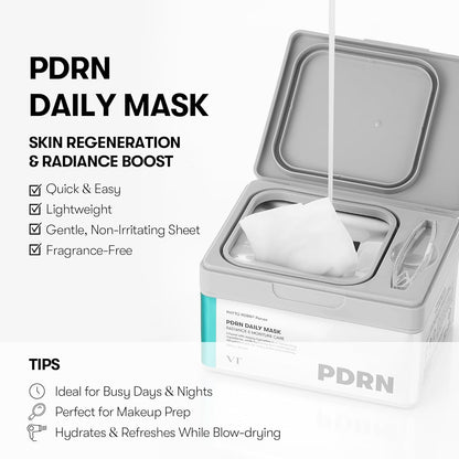 PDRN Daily Mask for skin regeneration and radiance: the open tub with a mask sheet lifted, quick and easy, lightweight, gentle, fragrance-free
