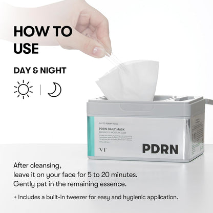 How to use, day and night: a hand lifting a sheet from the tub with tweezers, leave on for 5 to 20 minutes after cleansing and pat in the essence