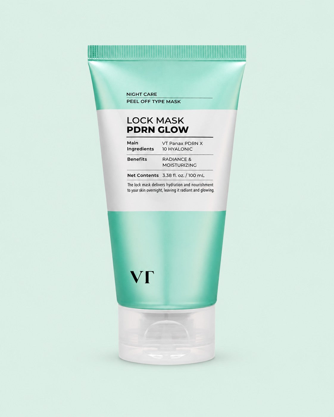 VT Cosmetics PDRN Glow Lock Mask 100ml on a coloured background