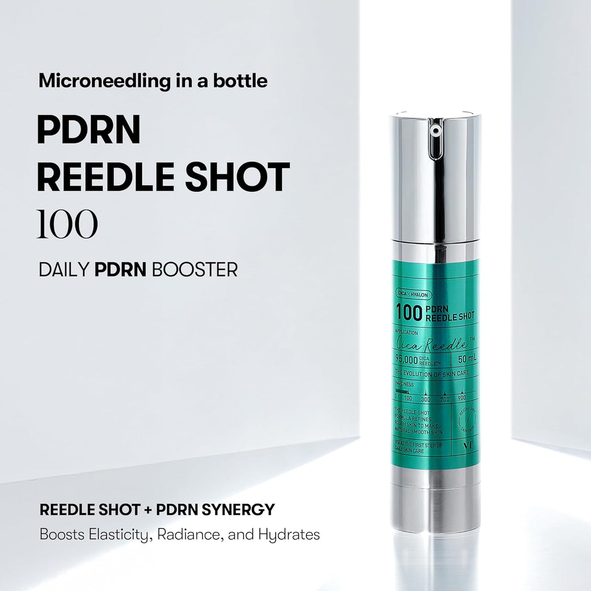 Microneedling in a bottle: the PDRN Reedle Shot 100 on a grey surface, a daily PDRN booster that boosts elasticity, radiance and hydration