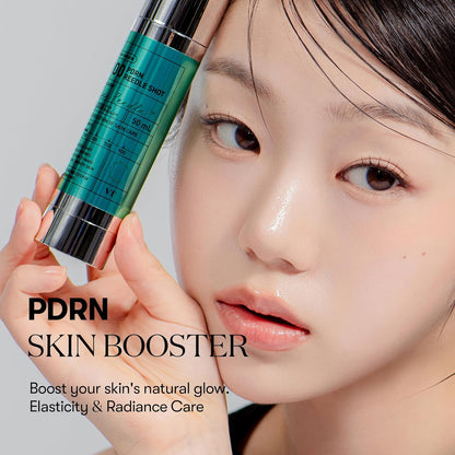 PDRN skin booster: a model holding the bottle beside her face, boost your skin's natural glow with elasticity and radiance care