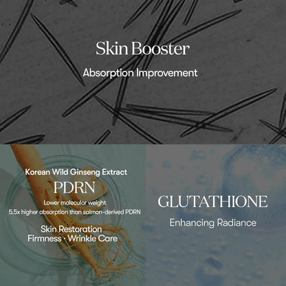 Skin booster absorption improvement: spicules on grey, with Korean wild ginseng PDRN at lower molecular weight and glutathione for radiance