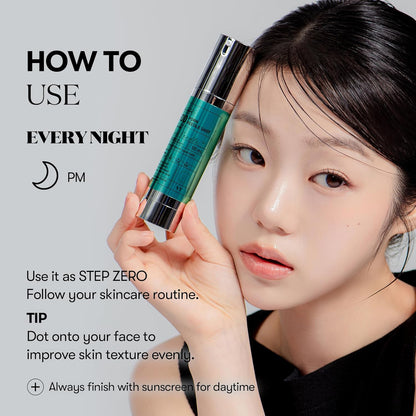 How to use, every night: a model holding the bottle, use it as step zero before your routine, dot onto the face, and finish with sunscreen by day