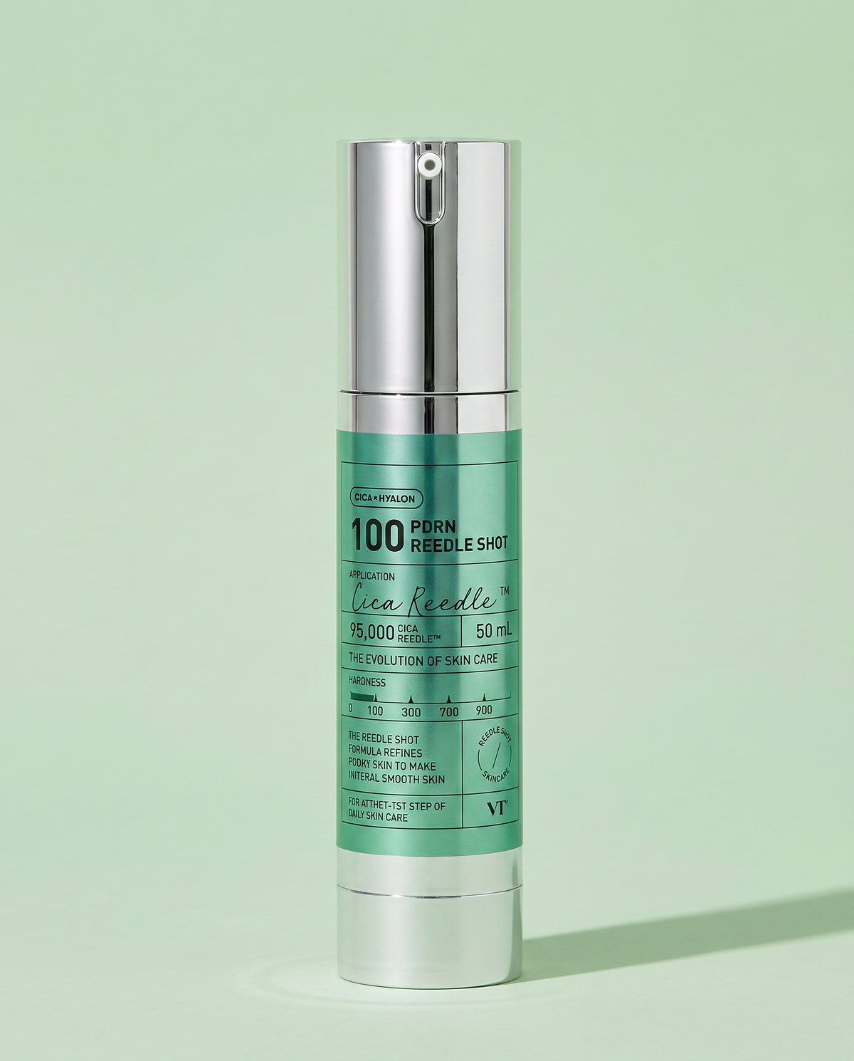 VT Cosmetics PDRN Reedle Shot 100 50ml - mint airless pump bottle, front label, green background