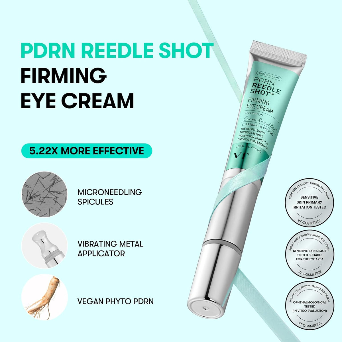 PDRN Reedle Shot Firming Eye Cream, 5.22 times more effective: microneedling spicules, a vibrating metal applicator and vegan phyto PDRN, with test badges