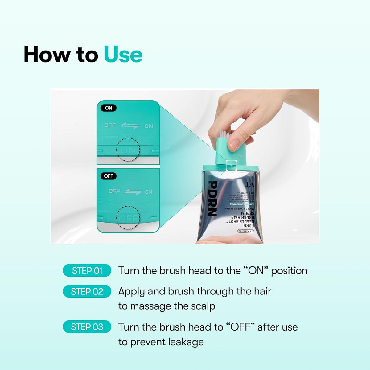 How to use: turn the brush head to on, apply and brush through the hair to massage the scalp, turn to off after use to prevent leakage