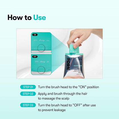 How to use: turn the brush head to on, apply and brush through the hair to massage the scalp, turn to off after use to prevent leakage