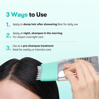 Three ways to use: on damp hair after showering, at night with a morning shampoo, or as a pre-shampoo treatment