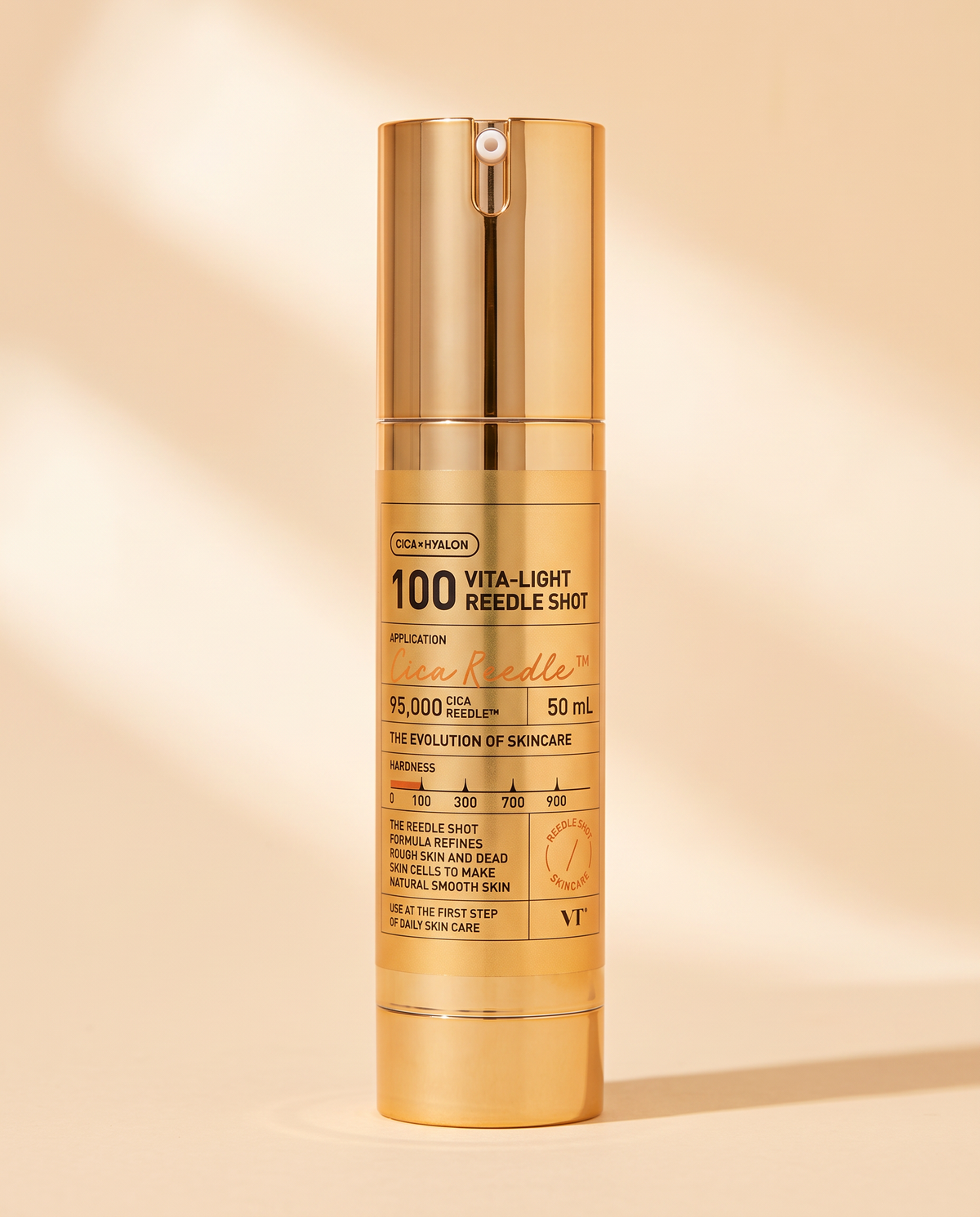 VT Cosmetics Vita-Light Reedle Shot 100 50ml - gold airless pump bottle, front label, cream background