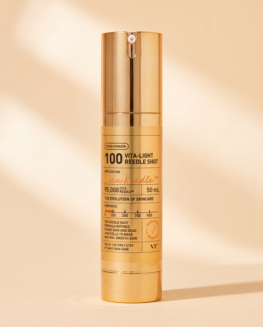 VT Cosmetics Vita-Light Reedle Shot 100 50ml - gold airless pump bottle, front label, cream background